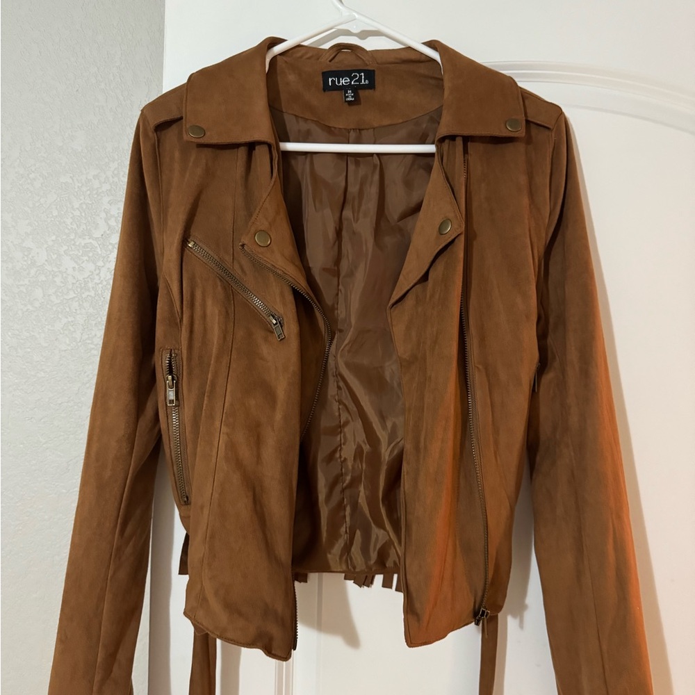 Rue21 Tan fringe Leather Jacket Classic Style
